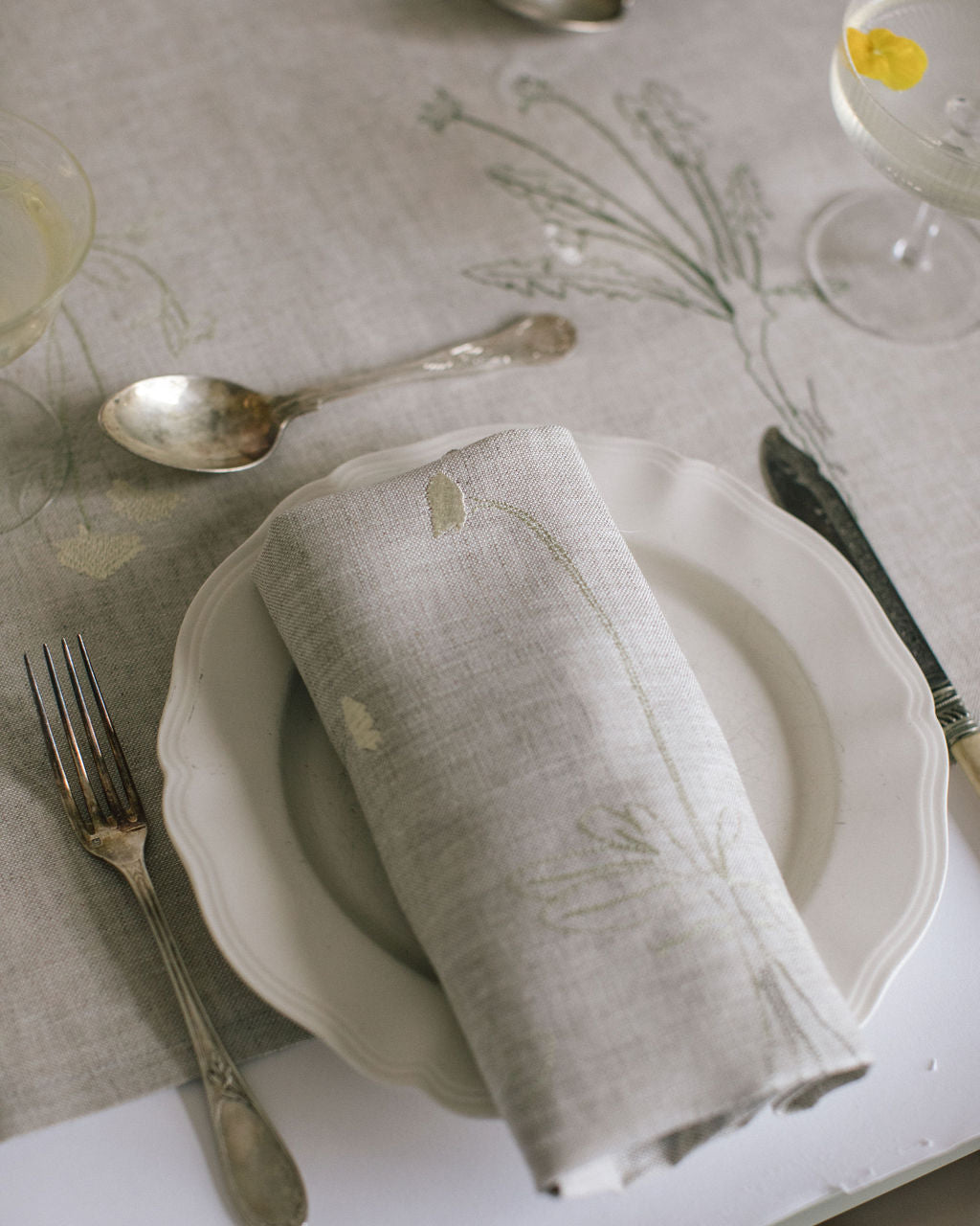 Natural Irish linen napkins with embroidery of plants and intact roots