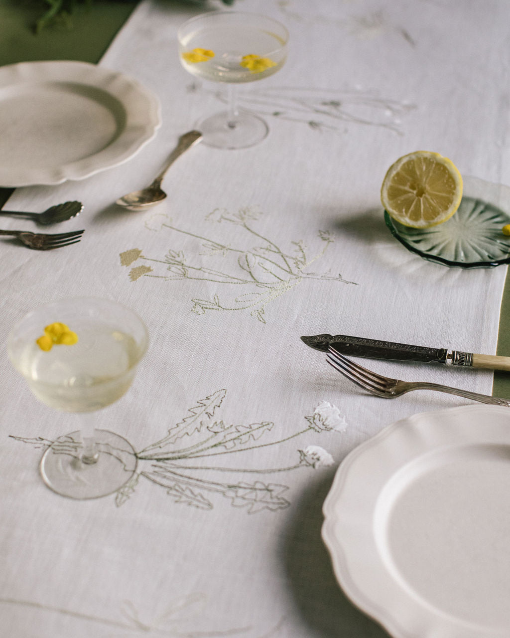 Irish table linen with embroidery of multiple plants