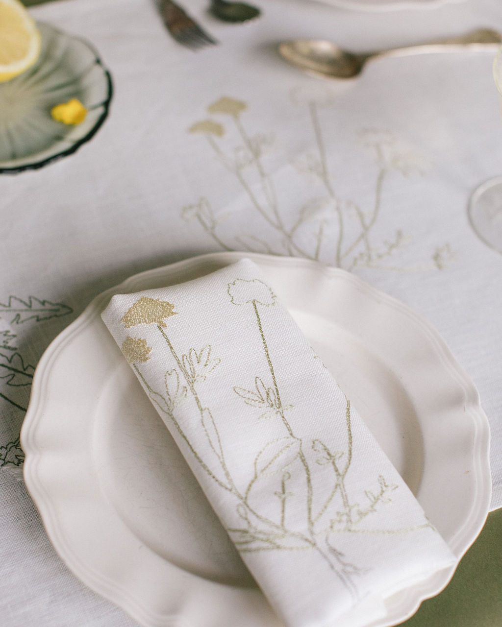 Irish linen table runner with plant embroidery
