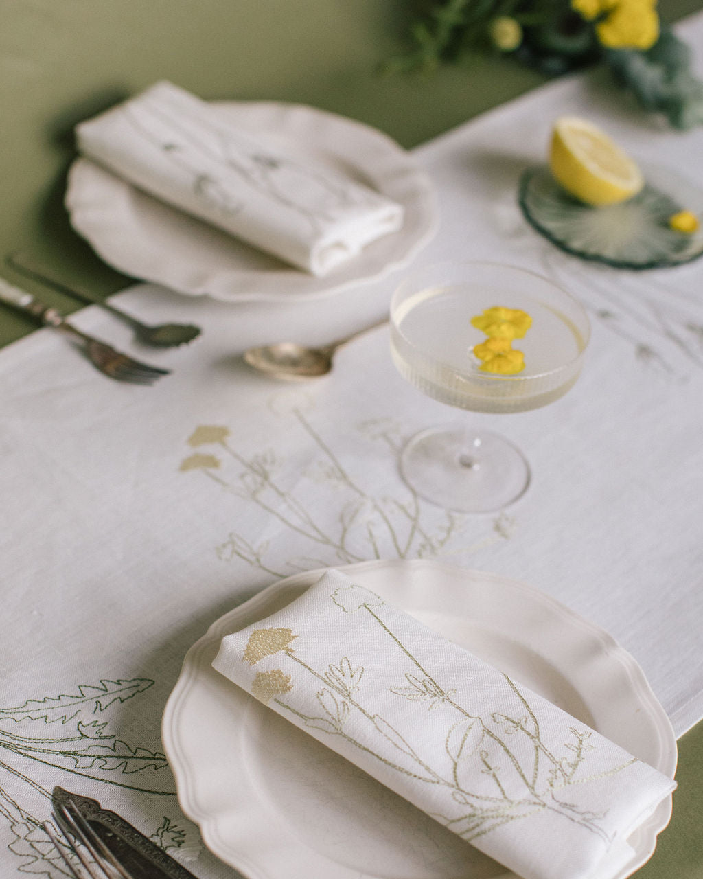 White Irish linen table runner with herbarium embroidery