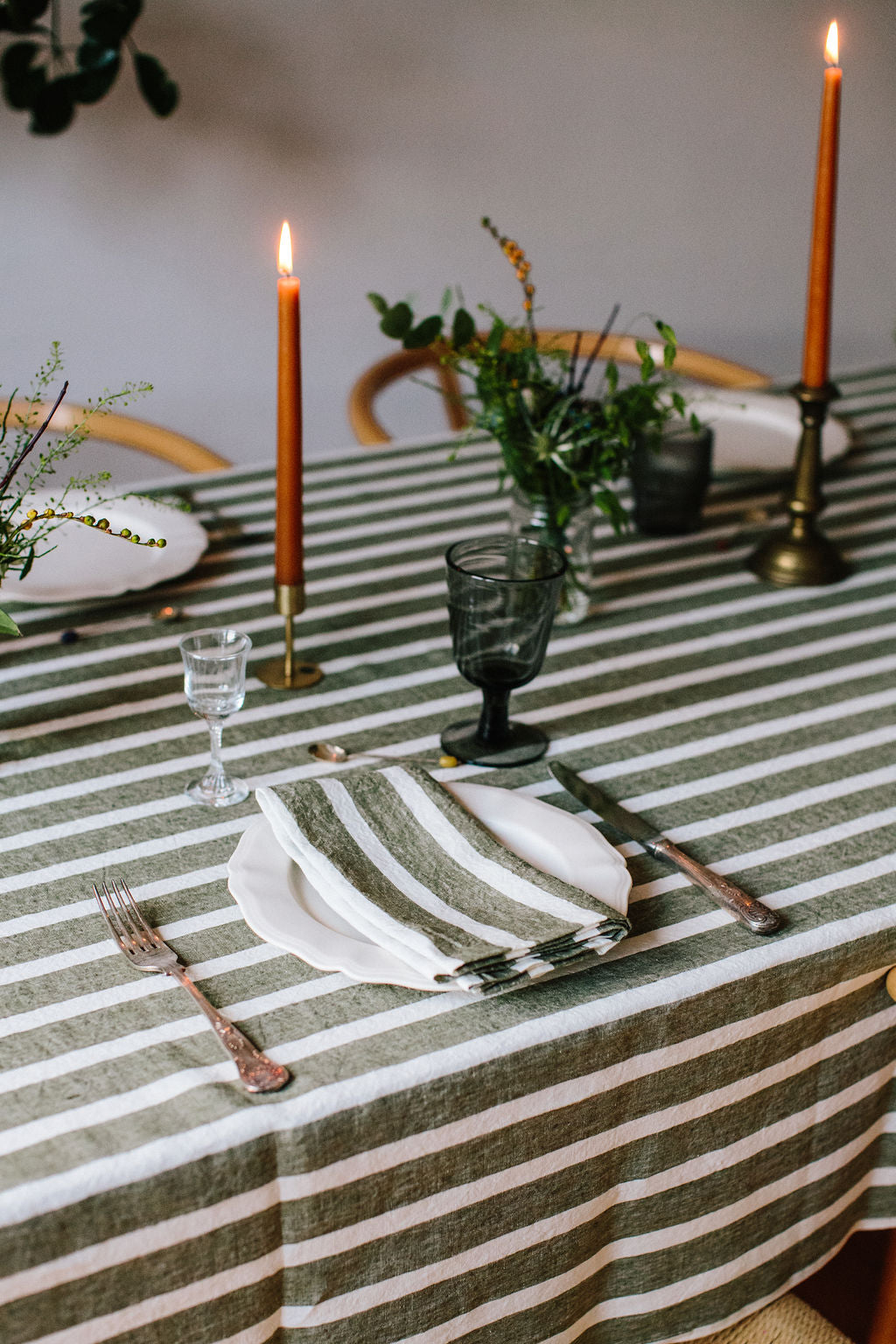 Irish linen napkin with ivory, earthy green stripes weave