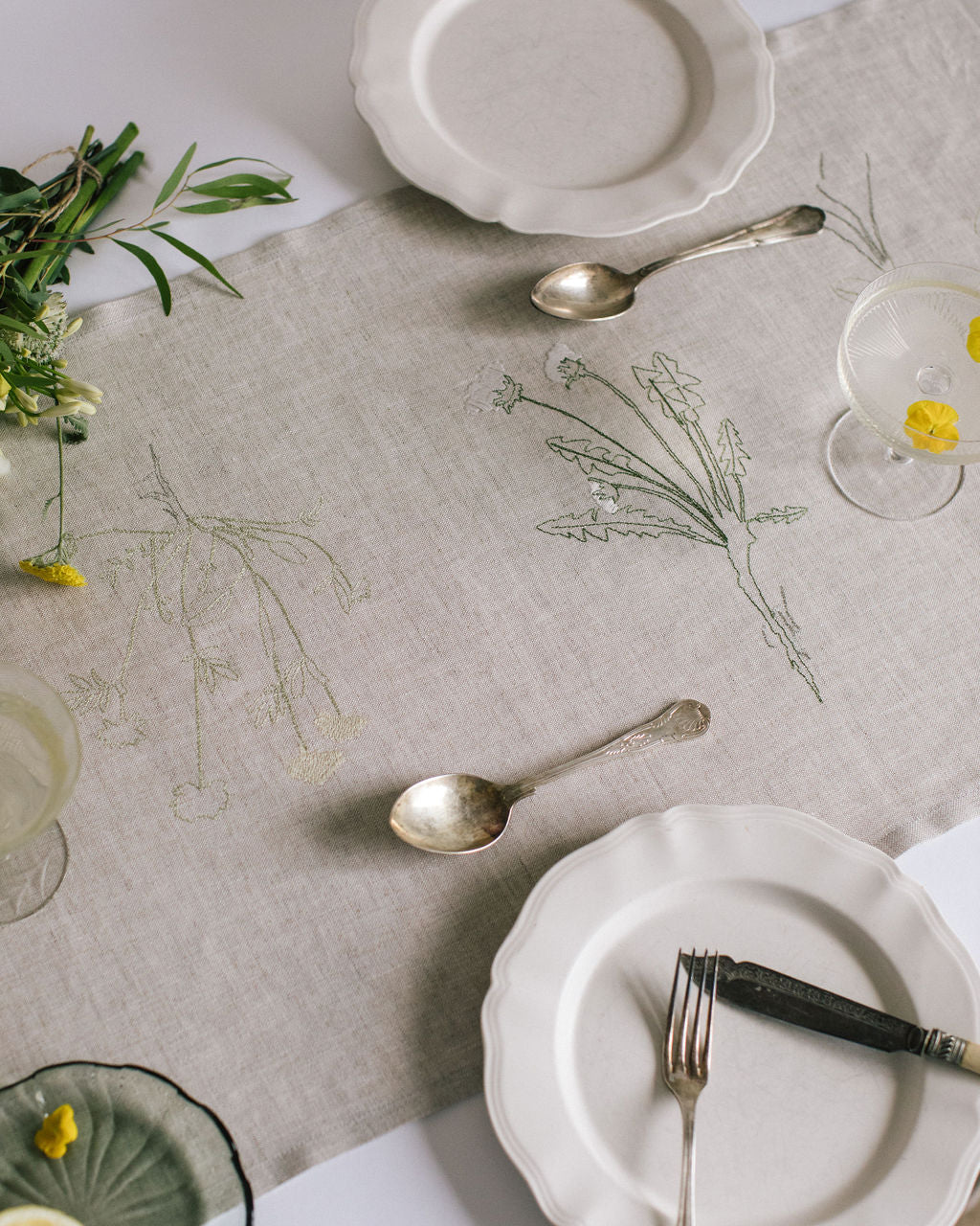 Natural Irish linen table runner with herbarium embroidery