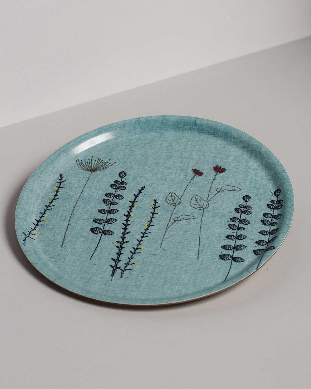 Round irish linen tray with wildflower embroidery