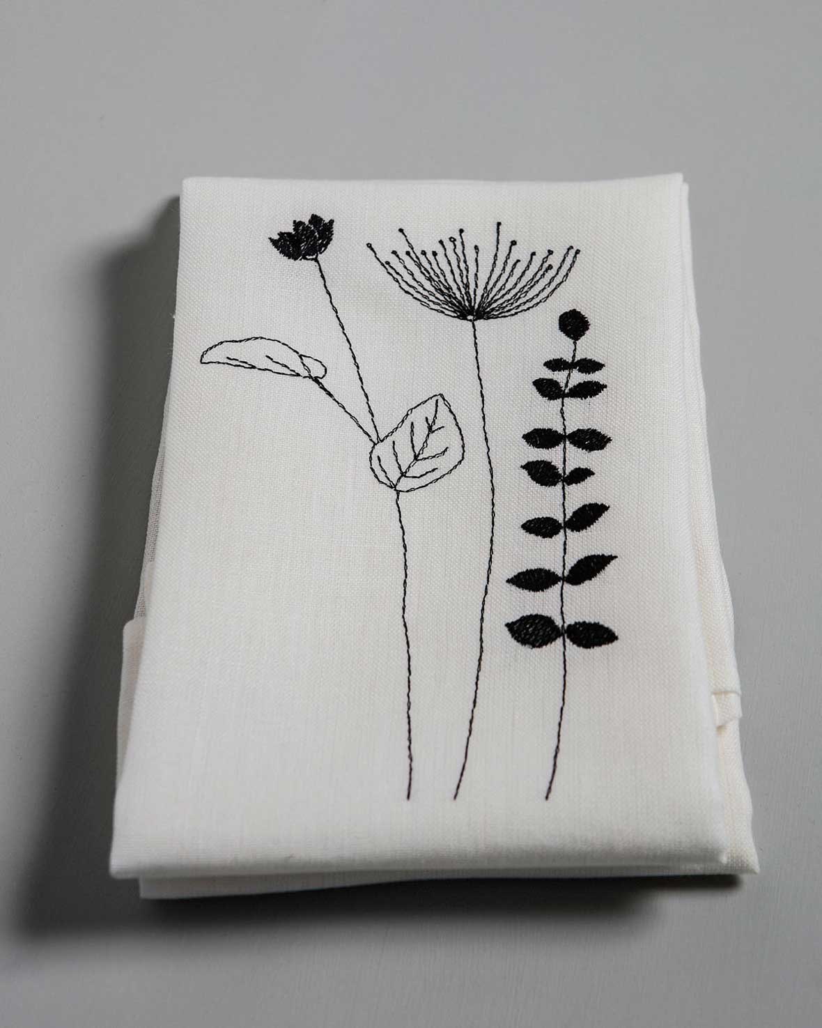 Irish wildflower embroidery on an ivory irish linen napkin