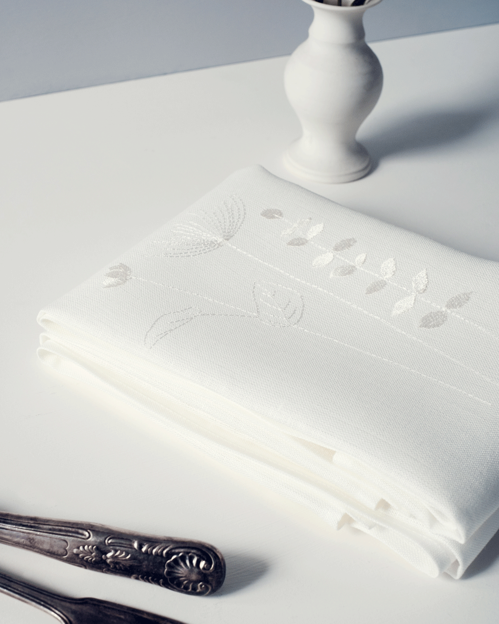 Irish linen napkin with ivory Irish wildflower embroidery
