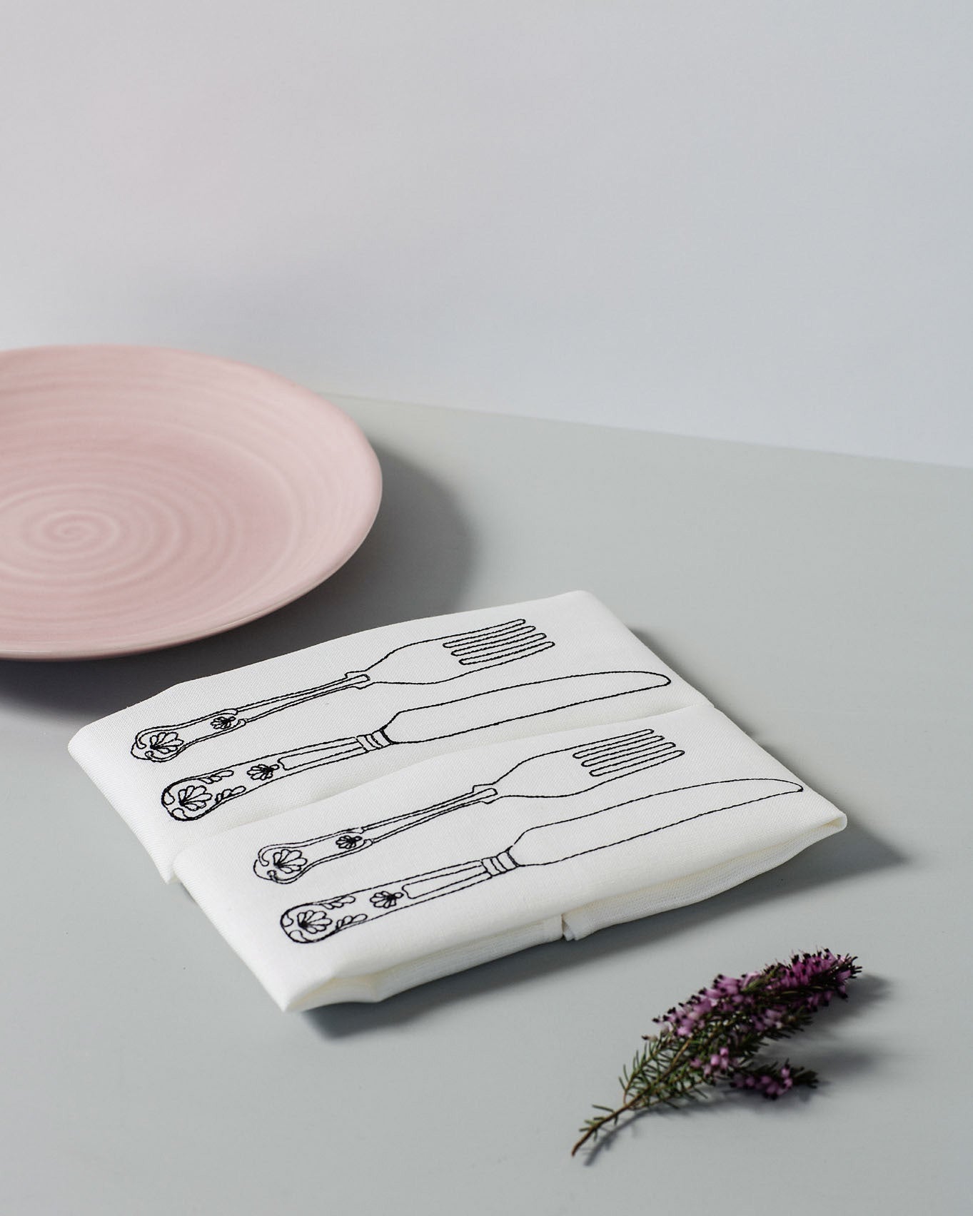 Irish linen napkins set with embroidered knife and fork