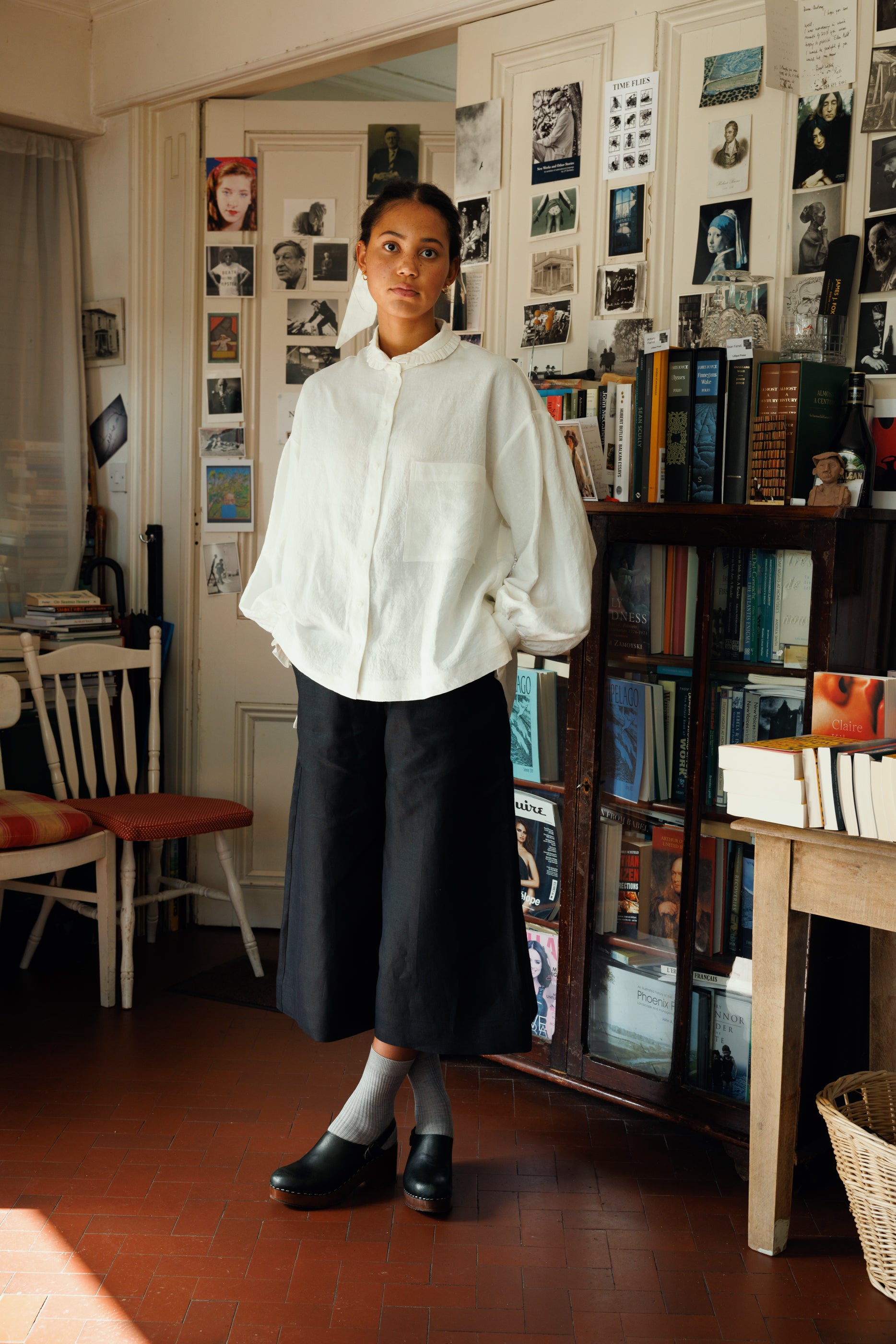 Oversized irish linen shirt in cream with frill details on cuffs and collar 
