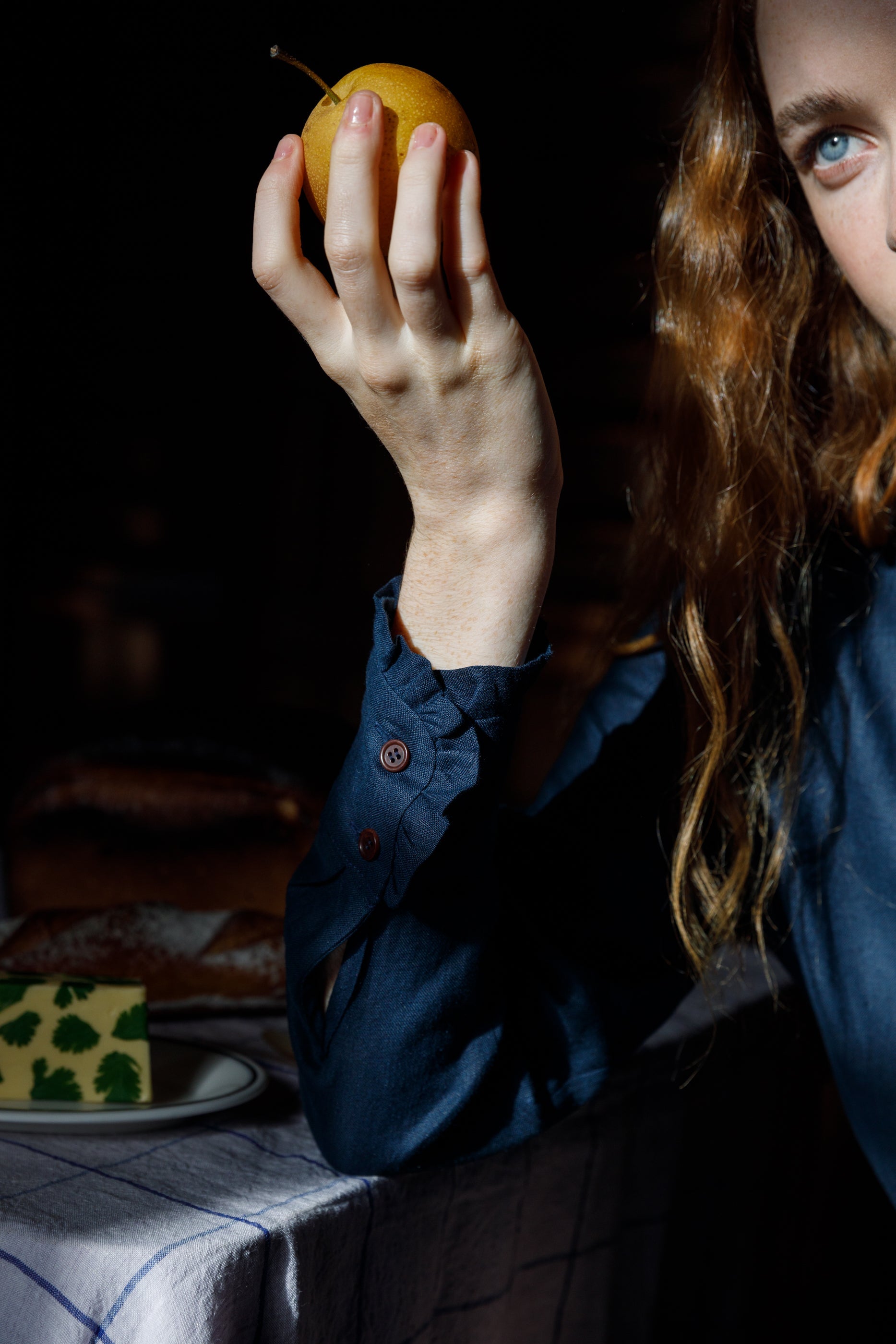 Irish linen shirt blouse in navy with frill details on collar and cuff 
