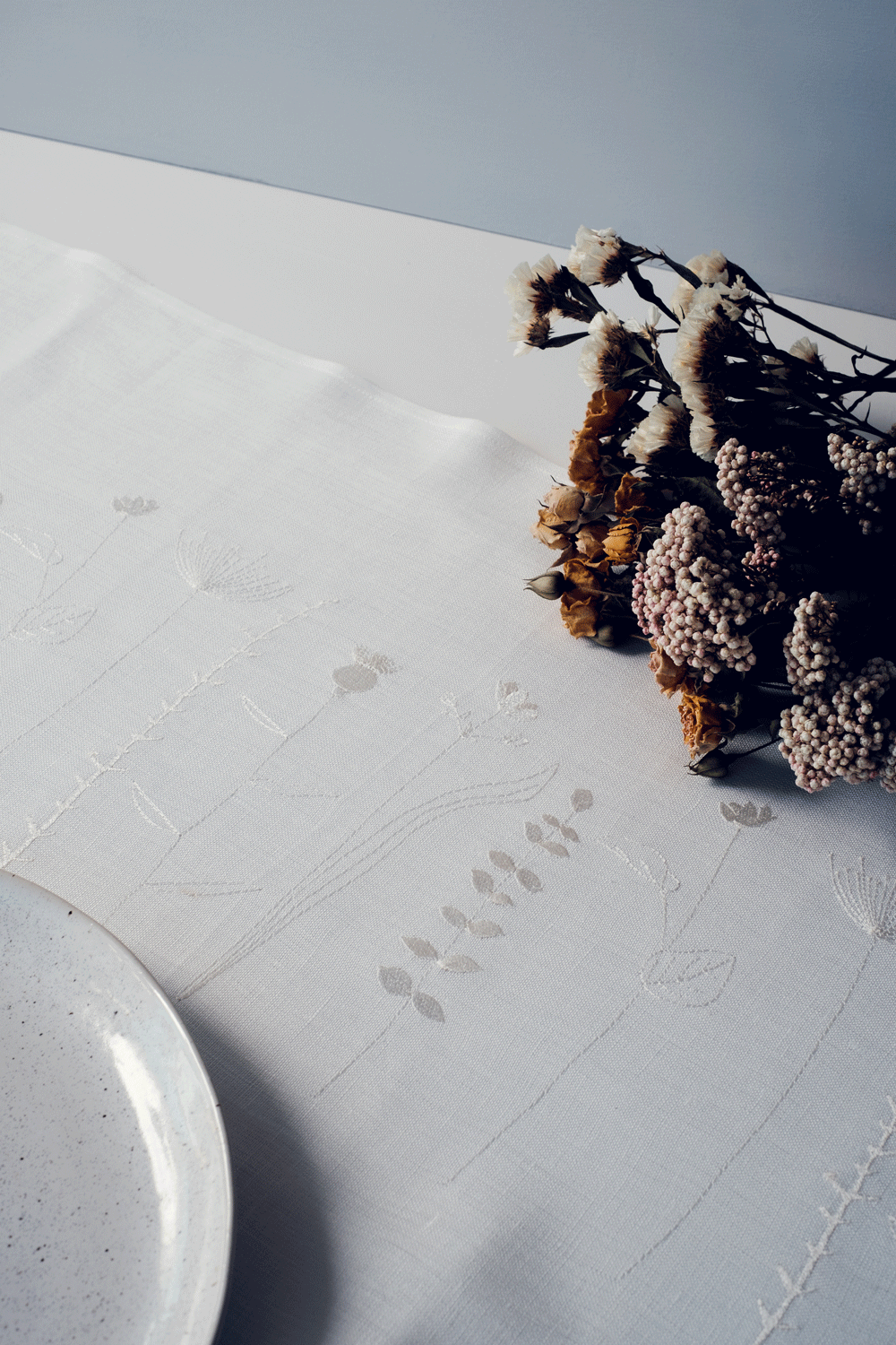 Personalised 'Irish Wildflower' Embroidered Irish Linen Table Runner White