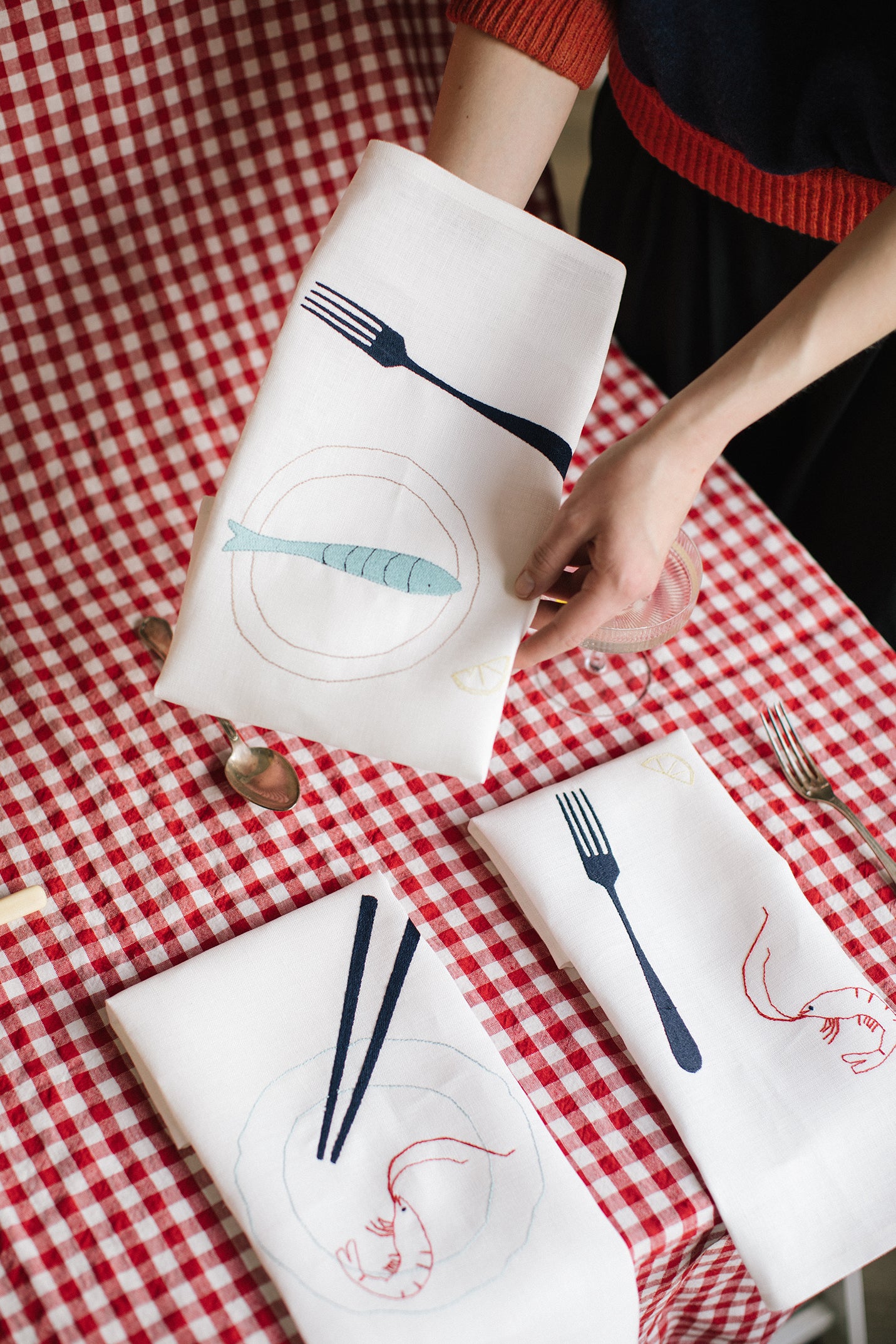 Irish linen napkins with shrimp and fish embroidery