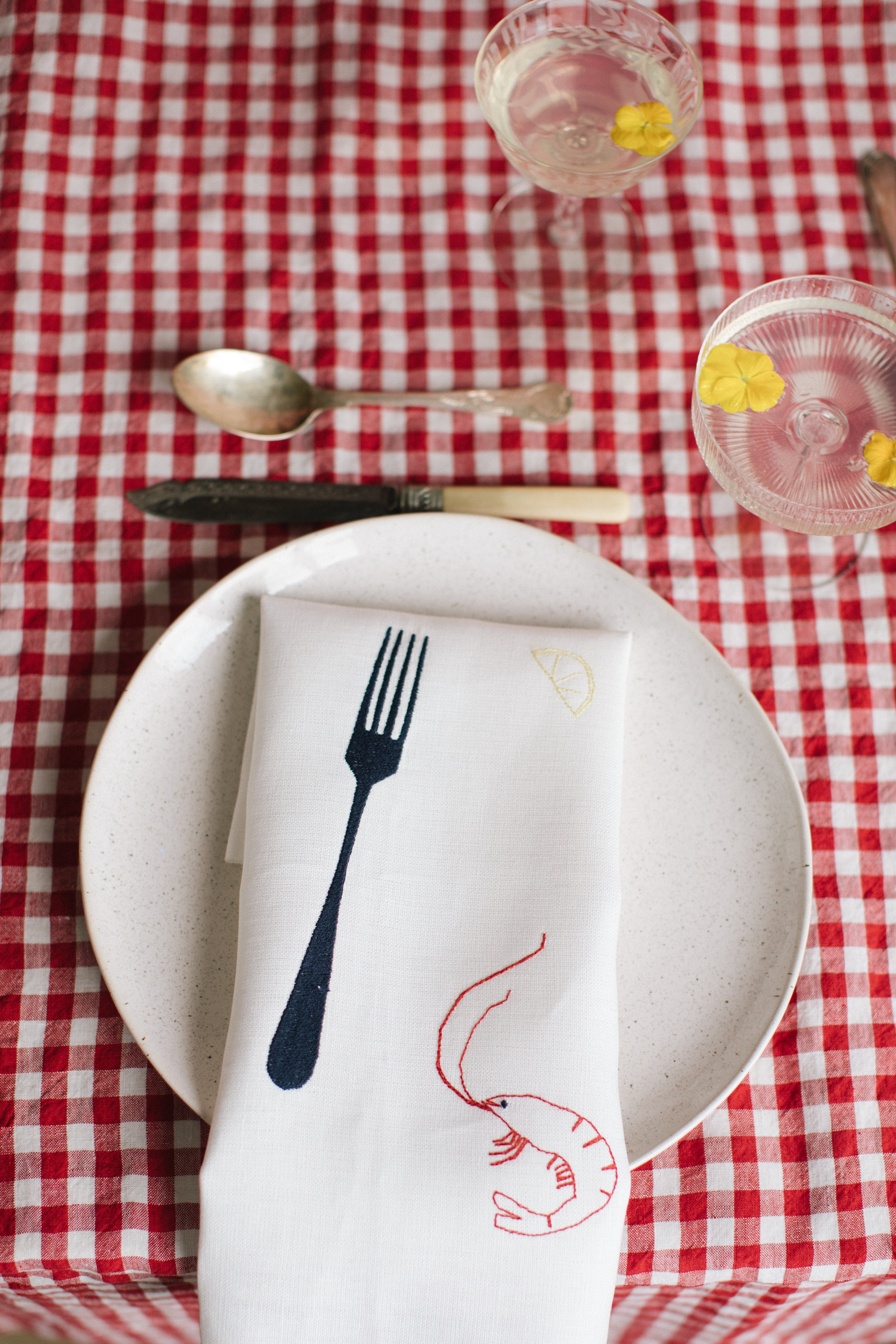 Irish linen napkin with fork, lemon and shrimp embroidery 