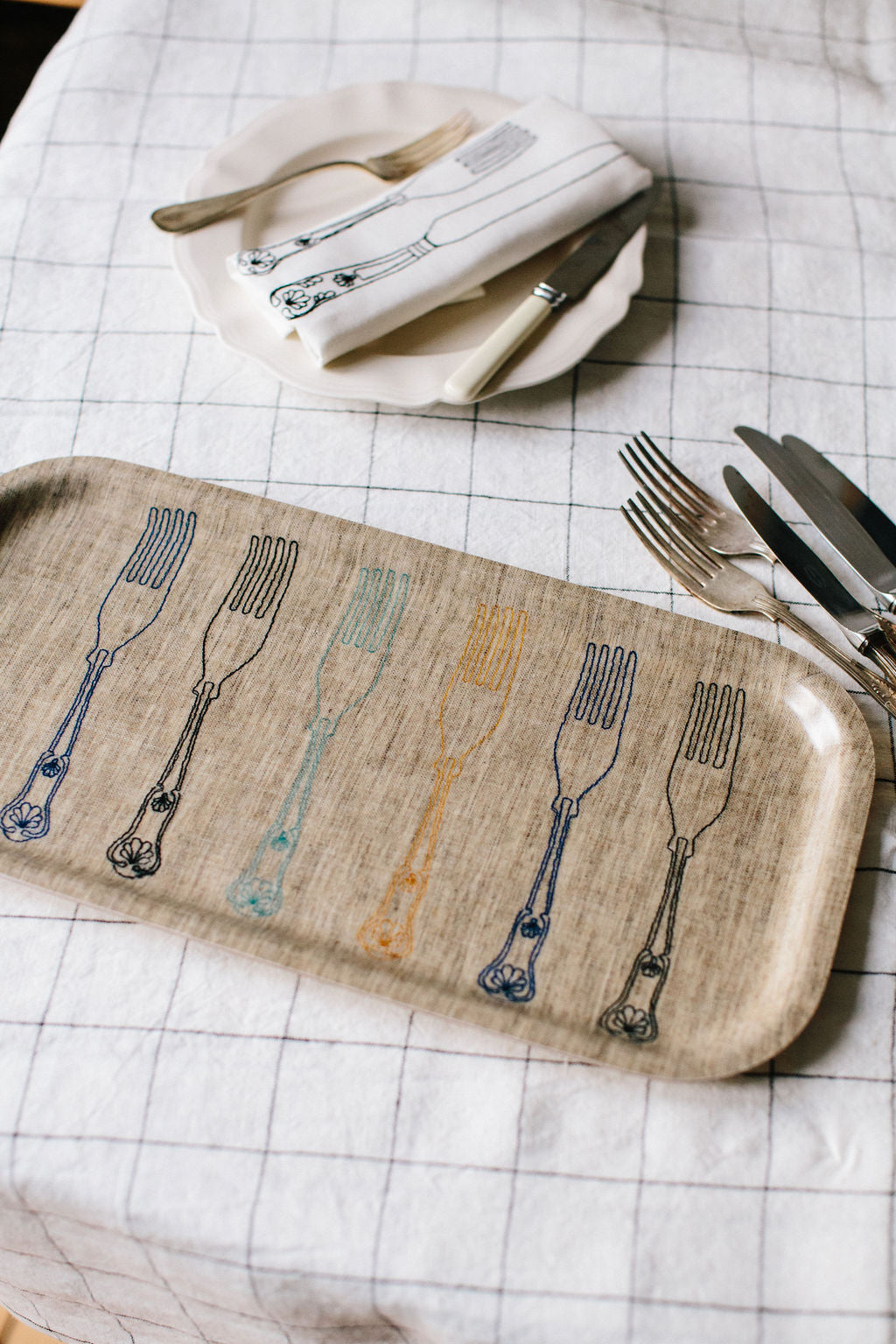 Natural Irish linen tray with six embroidered forks 