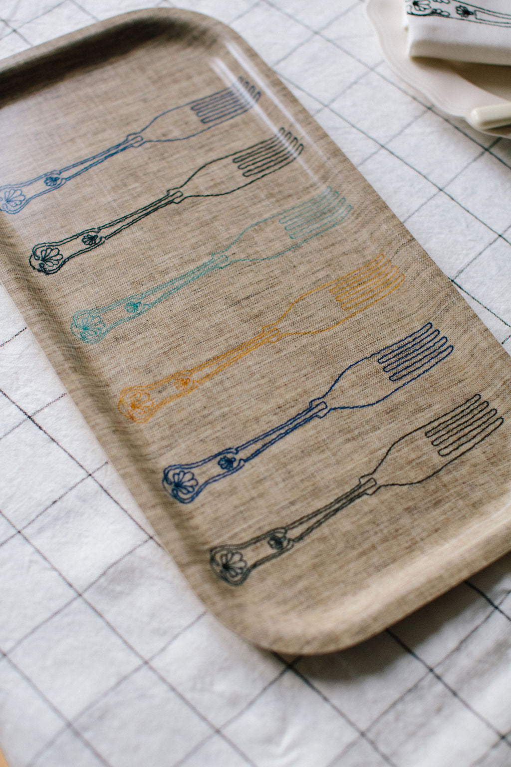 Square shaped Irish linen tray with rounded corners and fork embroidery 