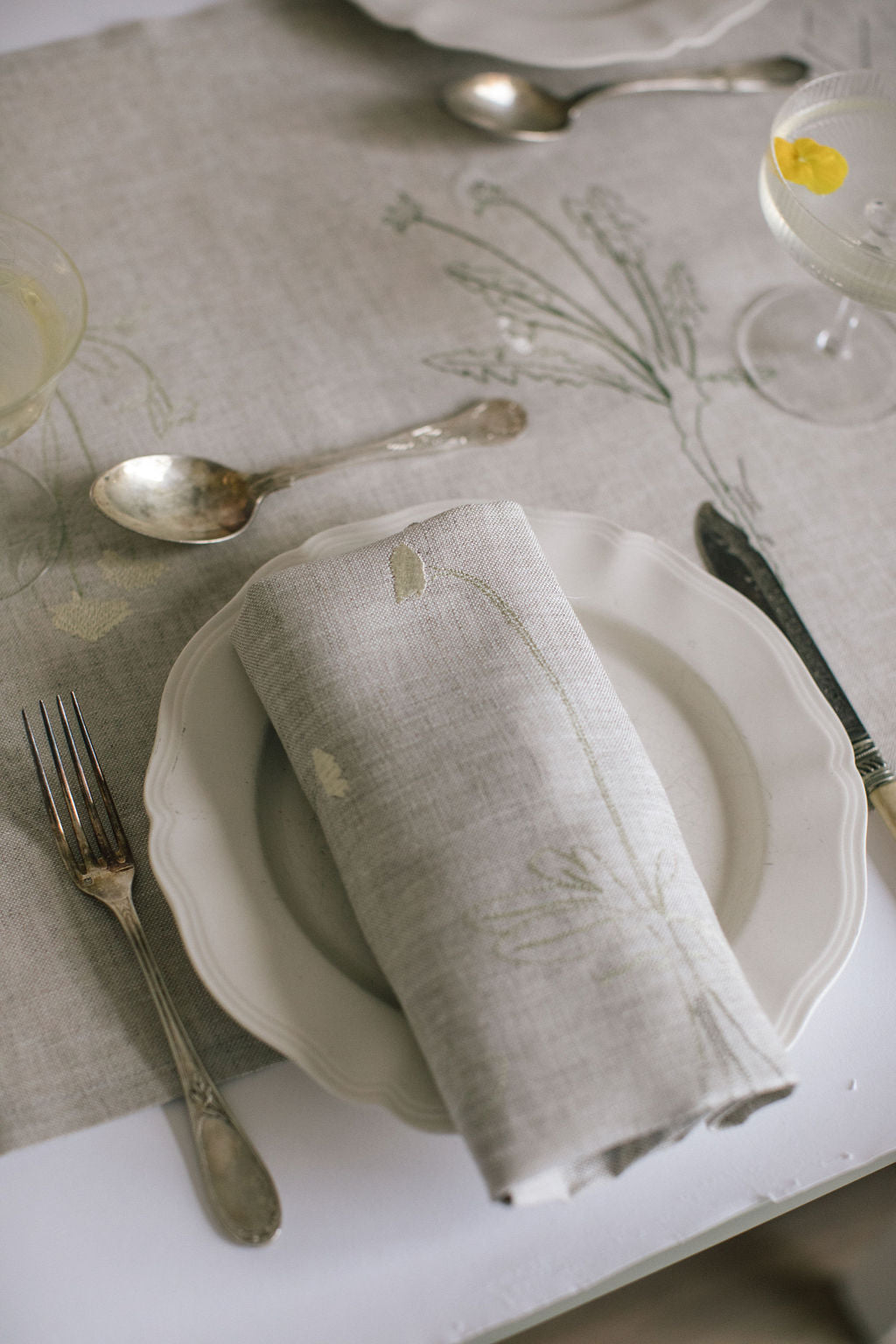 Natural Irish linen napkins with embroidery of plants and intact roots 
