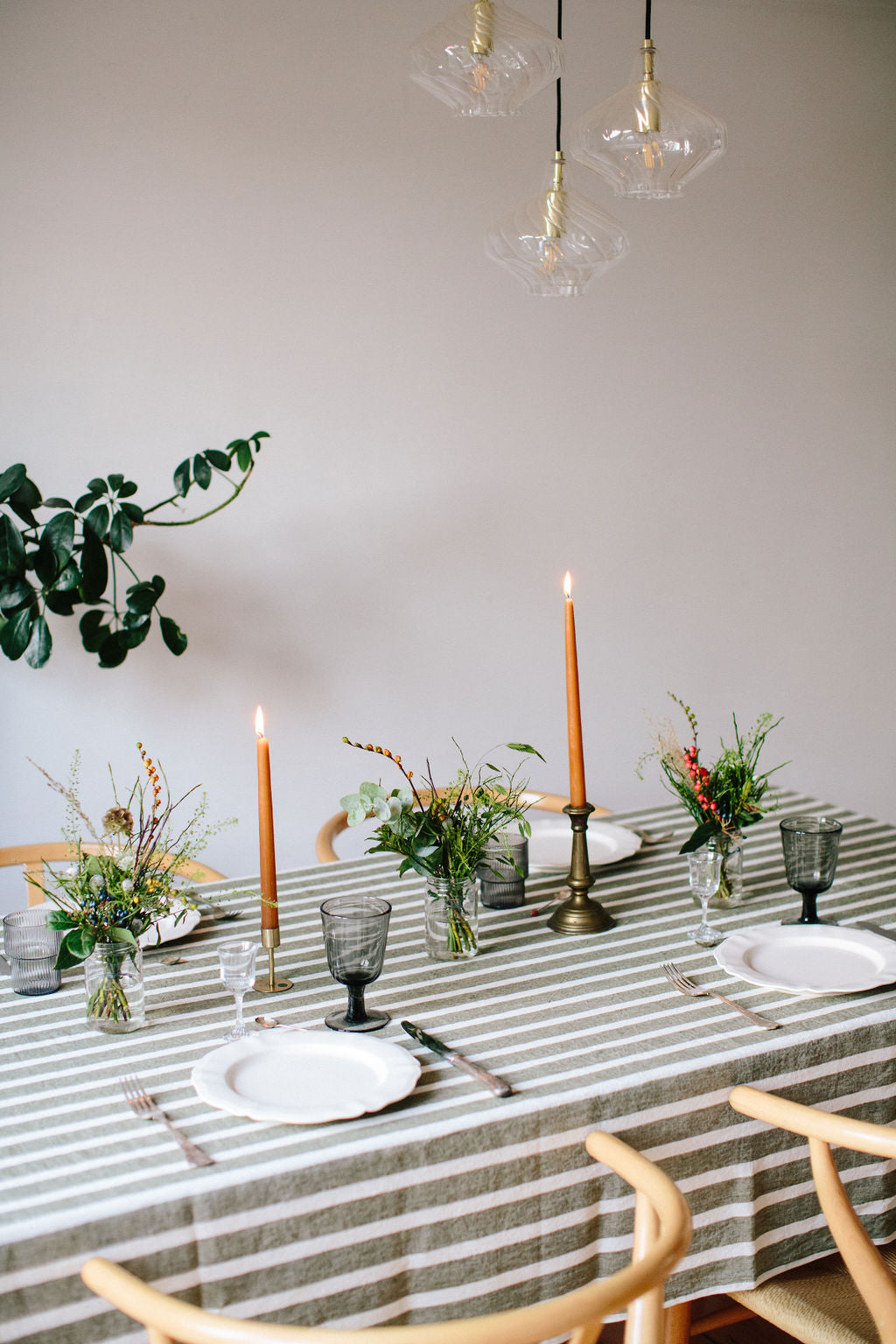Irish linen tablecloth in an ivory, earthy green striped weave pattern