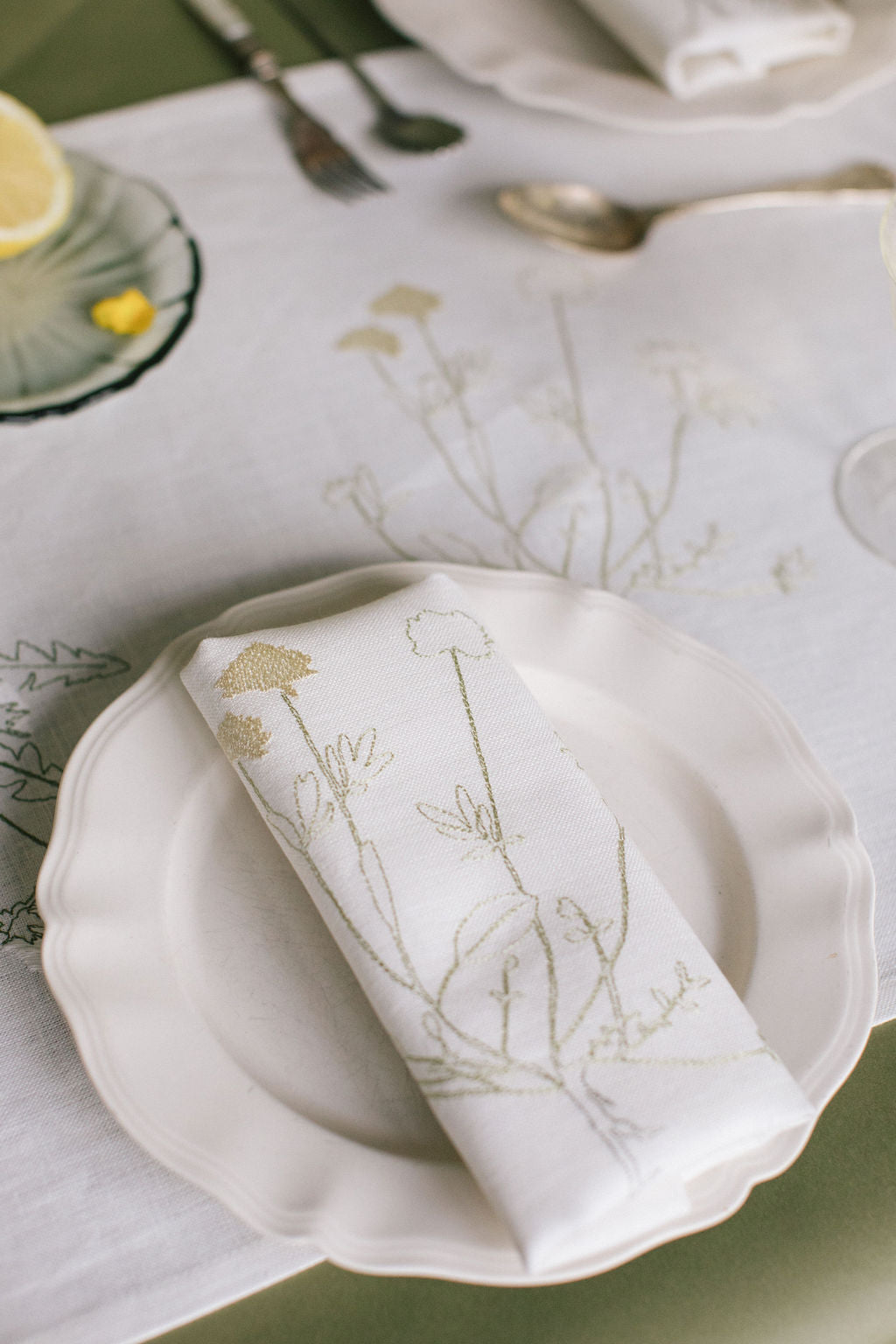 Irish linen table runner with plant embroidery 