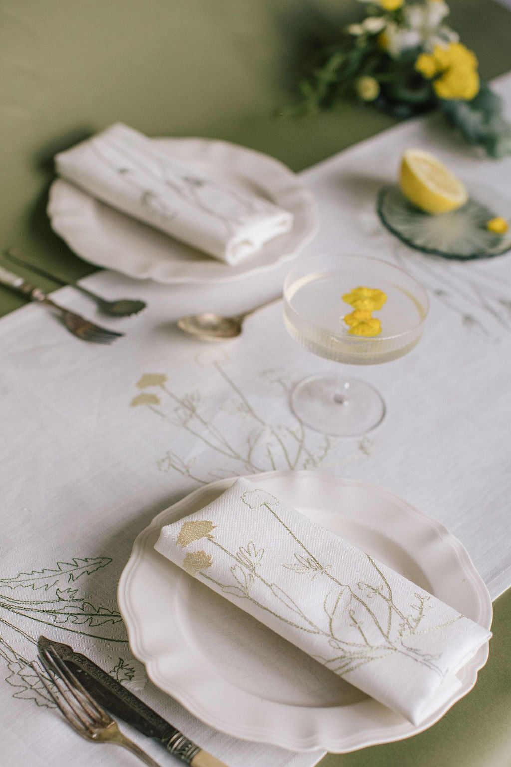 White Irish linen table runner with herbarium embroidery 