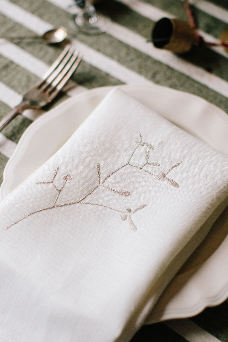 Limited Edition 'Mistletoe' Embroidered Irish Linen napkins, Metallic