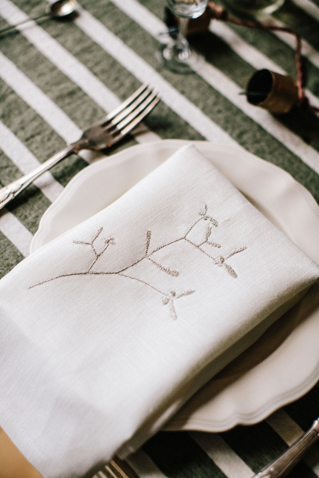 Limited Edition 'Mistletoe' Embroidered Irish Linen napkins, Metallic