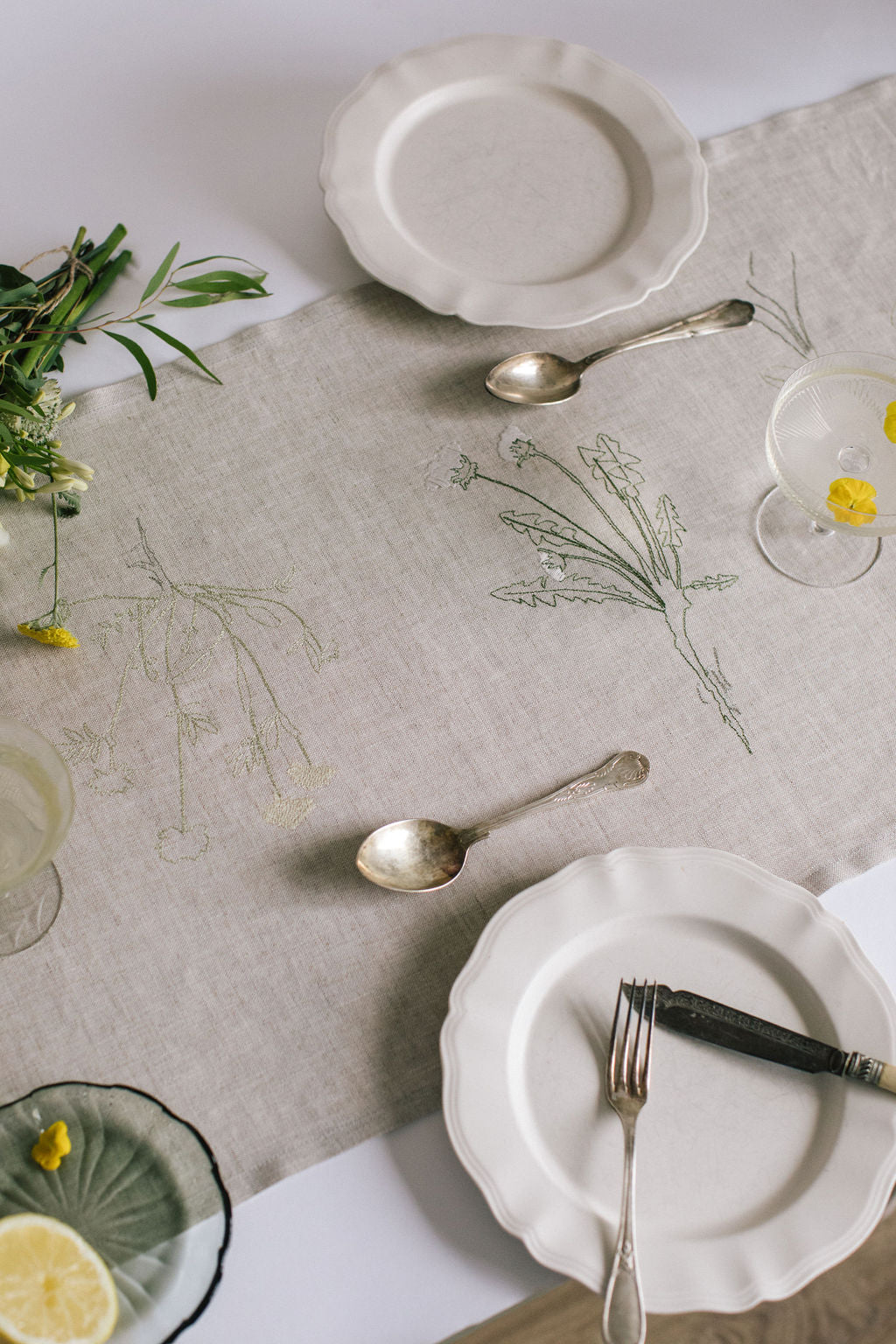 Natural Irish linen table runner with herbarium embroidery 