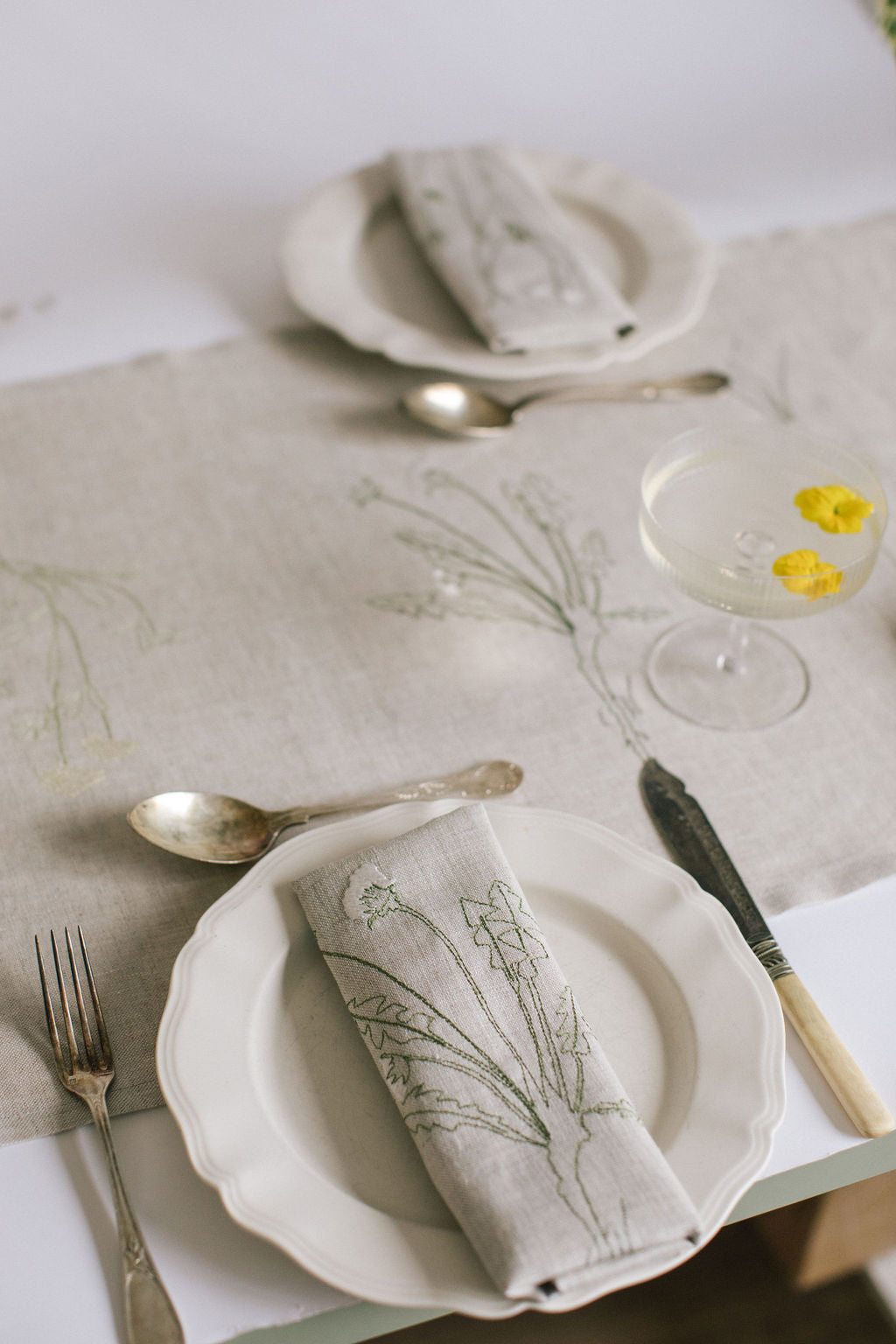 Irish linen table runner with embroidery of herbarium drawings 