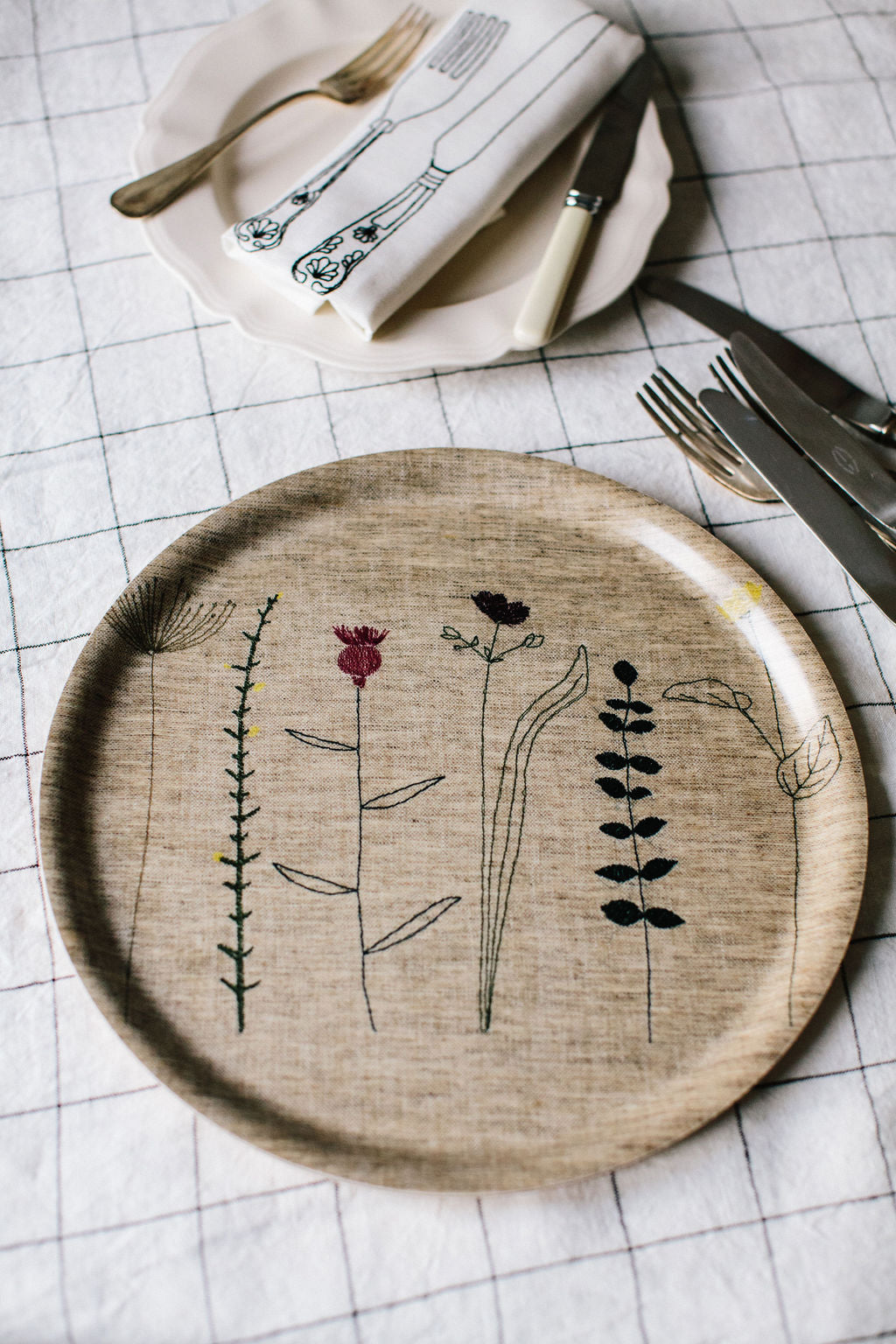 Irish linen tray with wildflower embroidery 