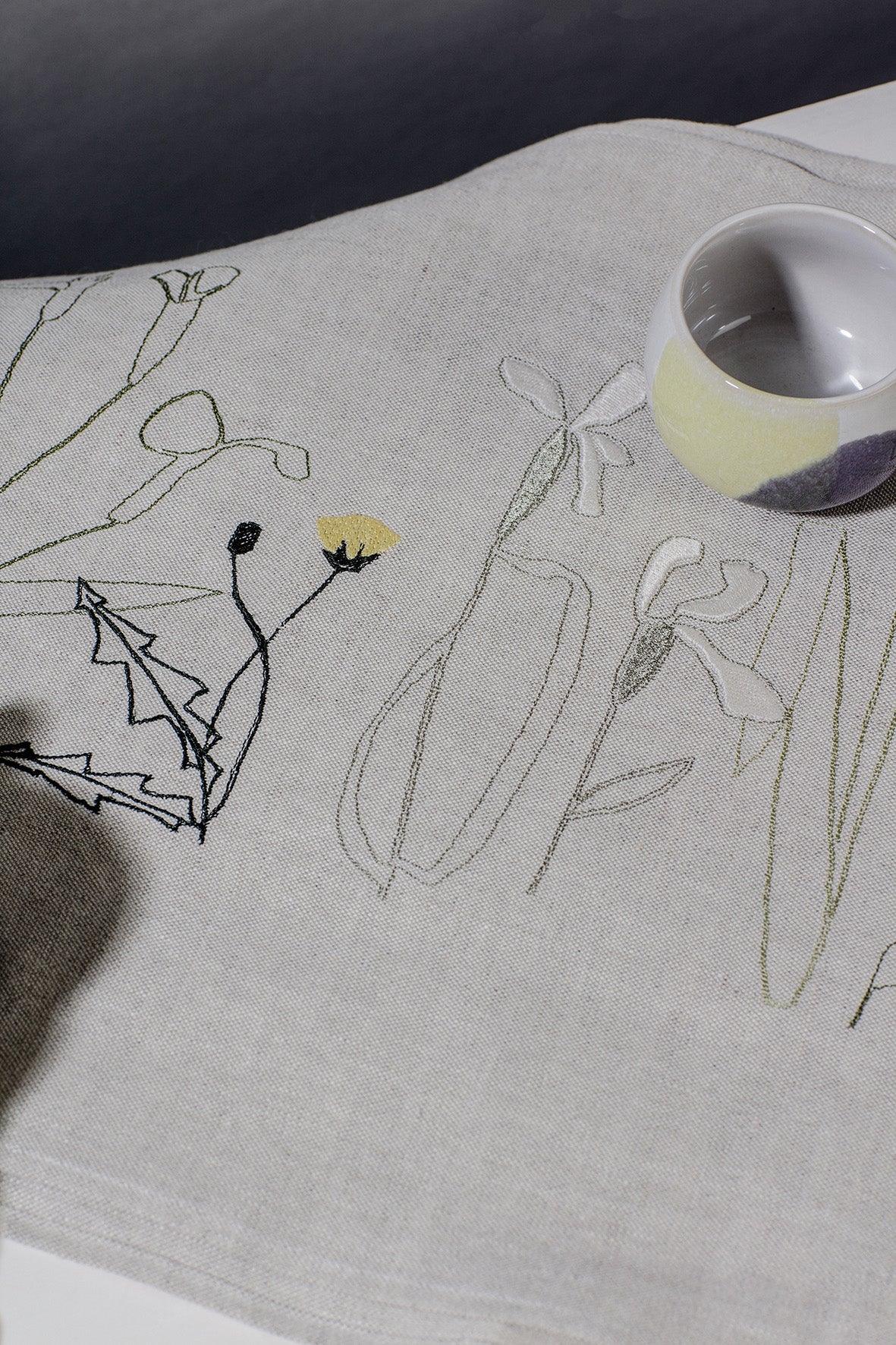 Irish linen tablerunner with herbarium embroidery 
