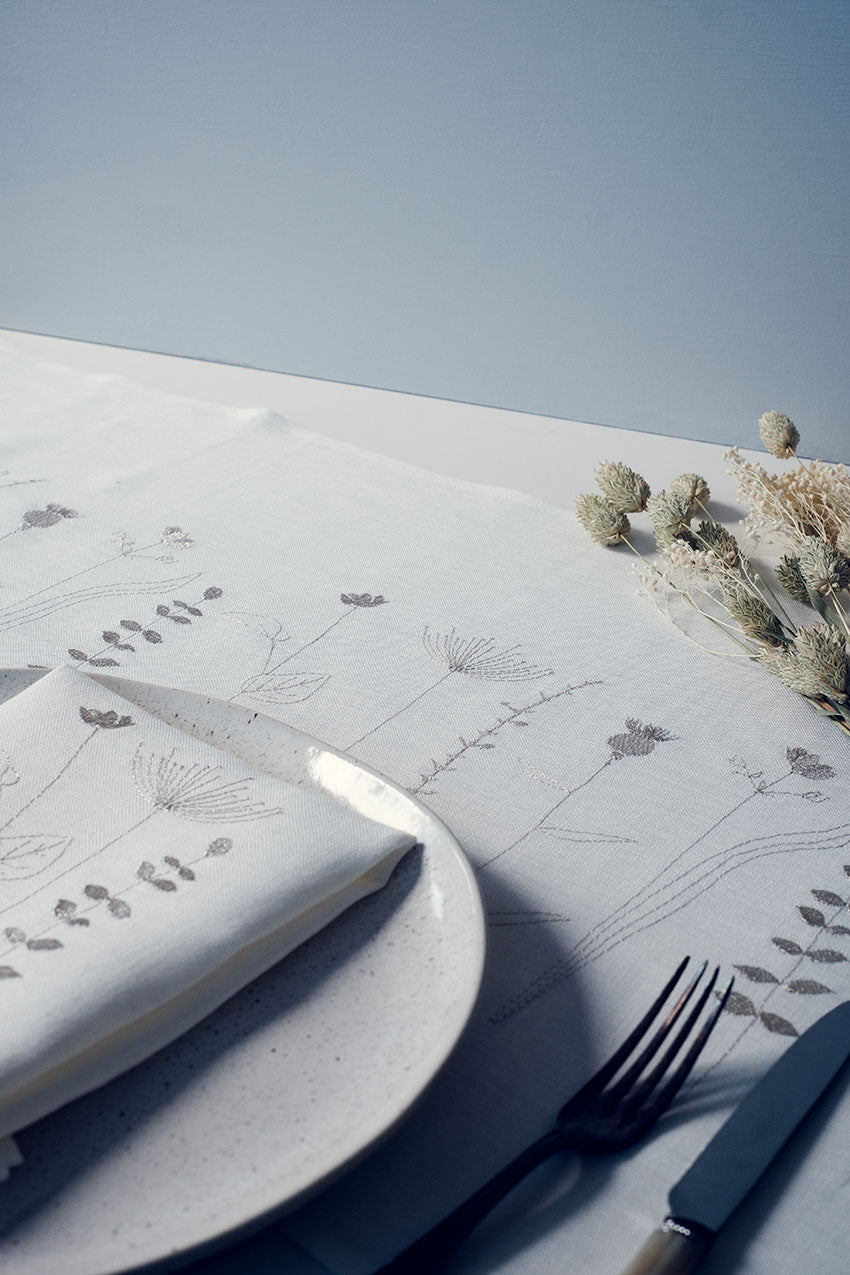 Irish linen napkin with metallic irish wildflower embroidery 