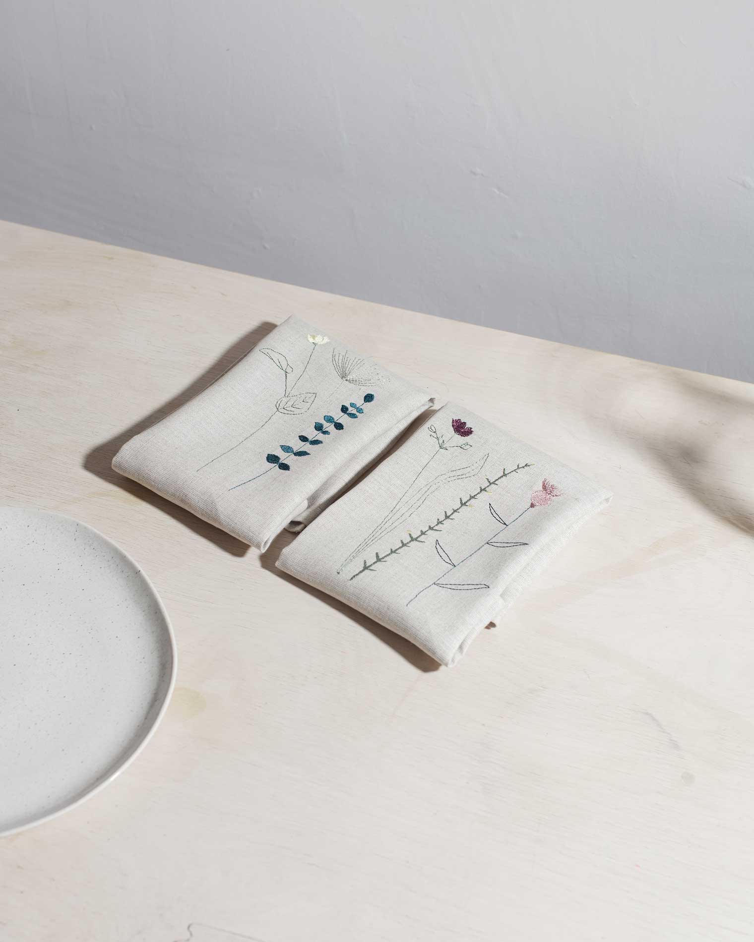 Natural Irish linen napkins with Irish wildflower embroidery in earthy colours 