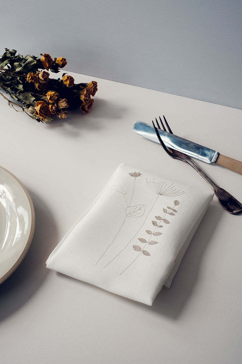 Irish linen napkin with Irish wildflower embroidery 