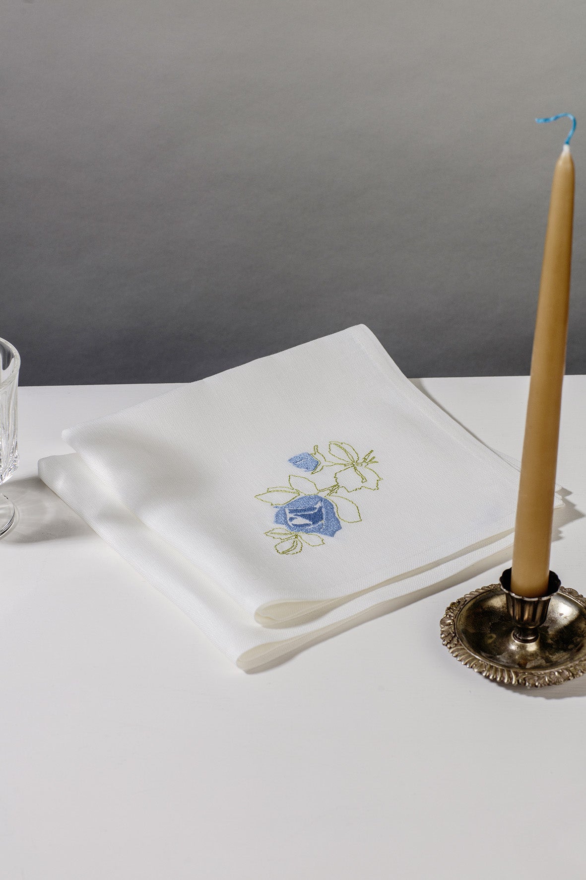 Rose embroidery on white Irish linen napkin