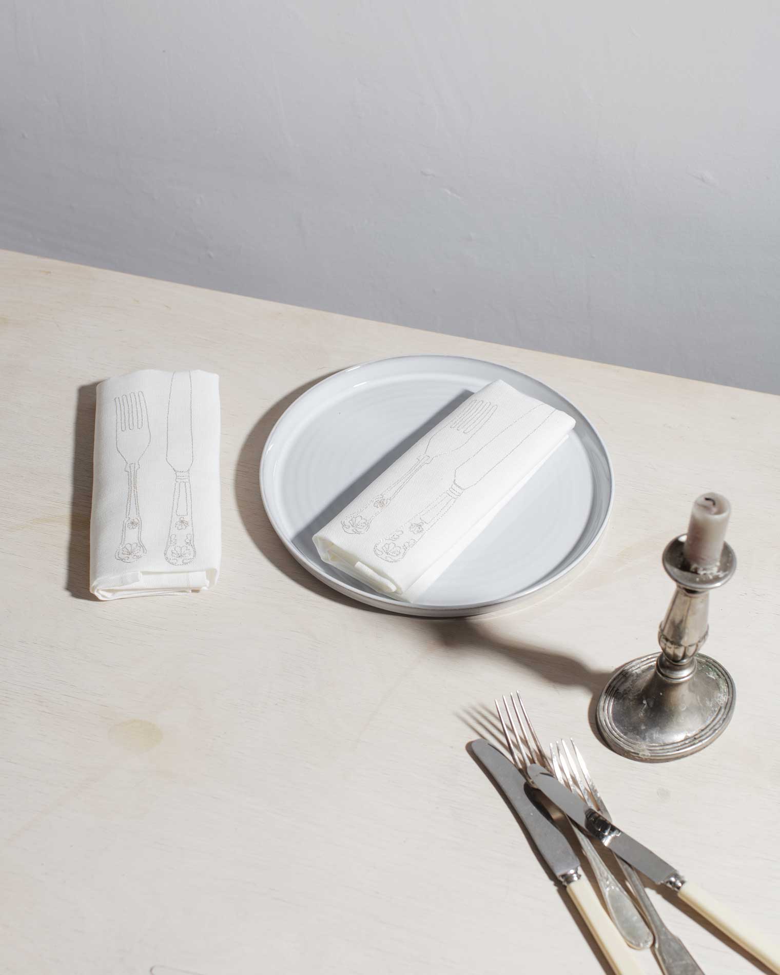 Irish linen napkin with metallic knife and fork embroidery 