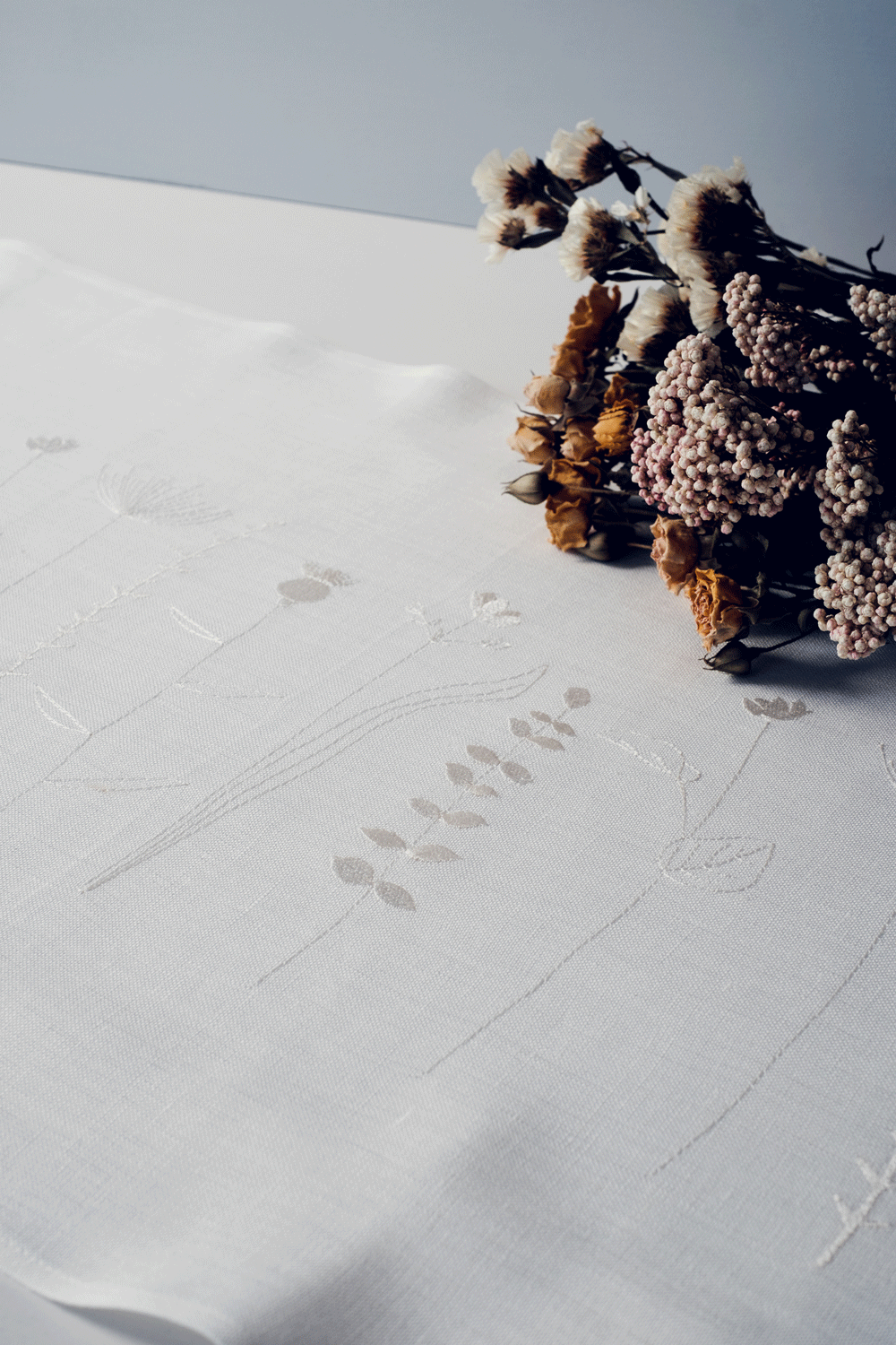 Irish Linen table runner with tonal white irish wildflower embroidery 
