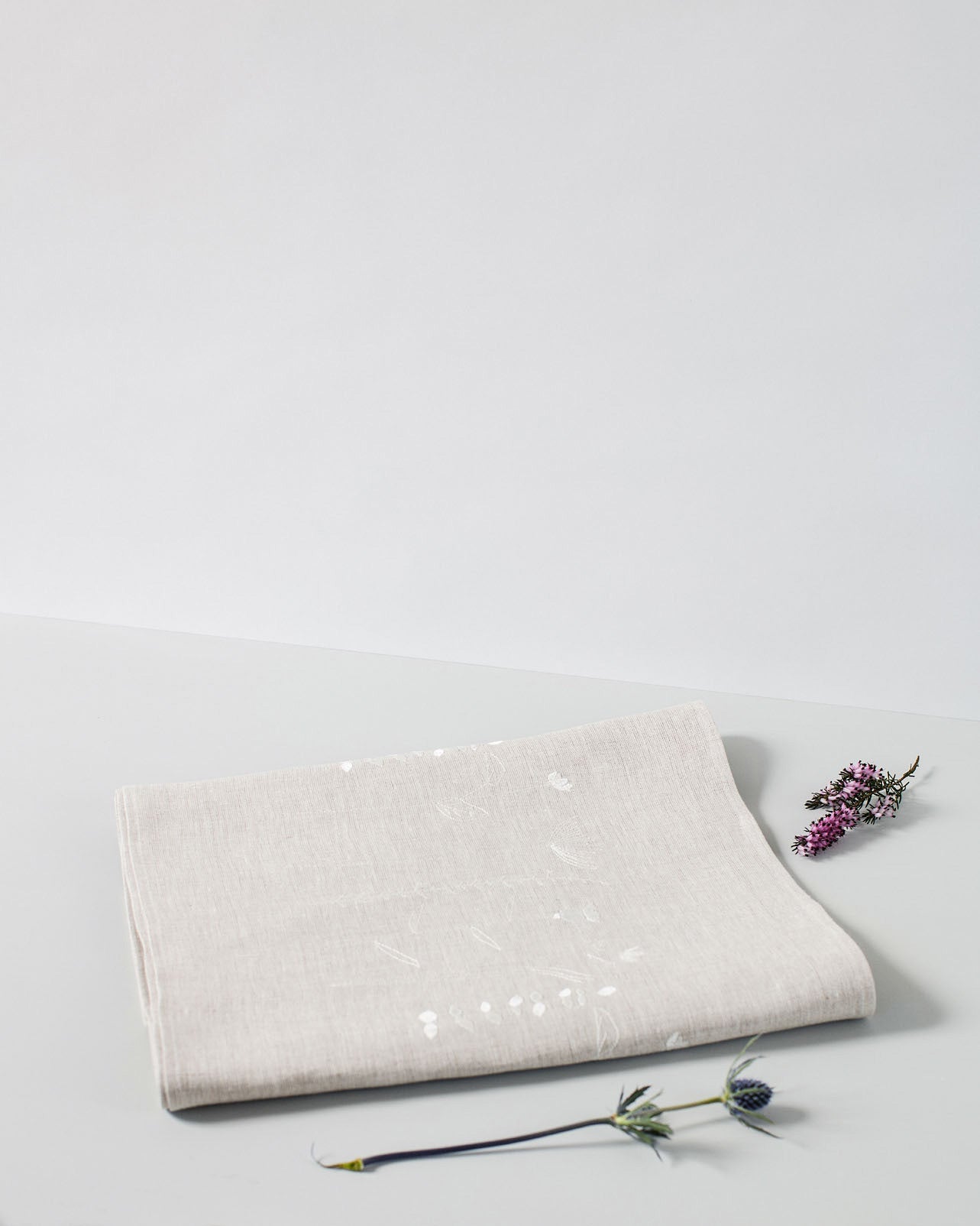 Natural Irish linen table runner with wildflower embroidery 