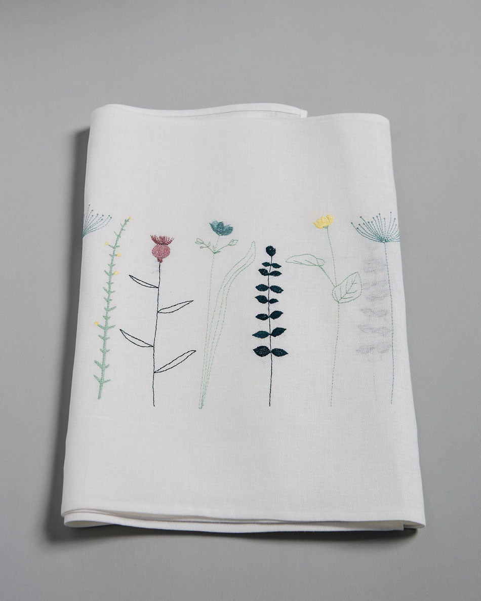 Irish linen tablerunner with wildflower embroidery 