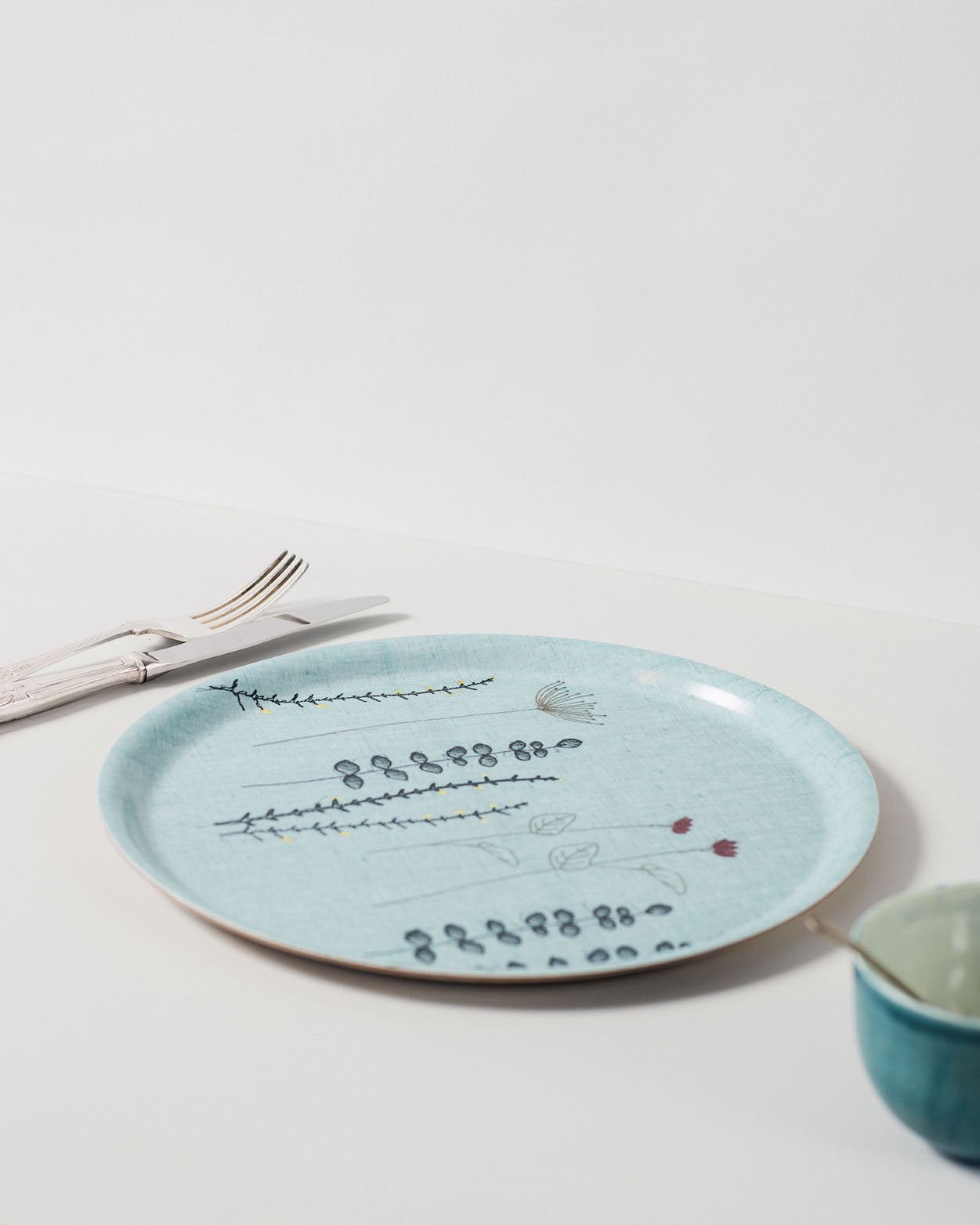 light blue irish linen tray with irish wildflower embroidery 