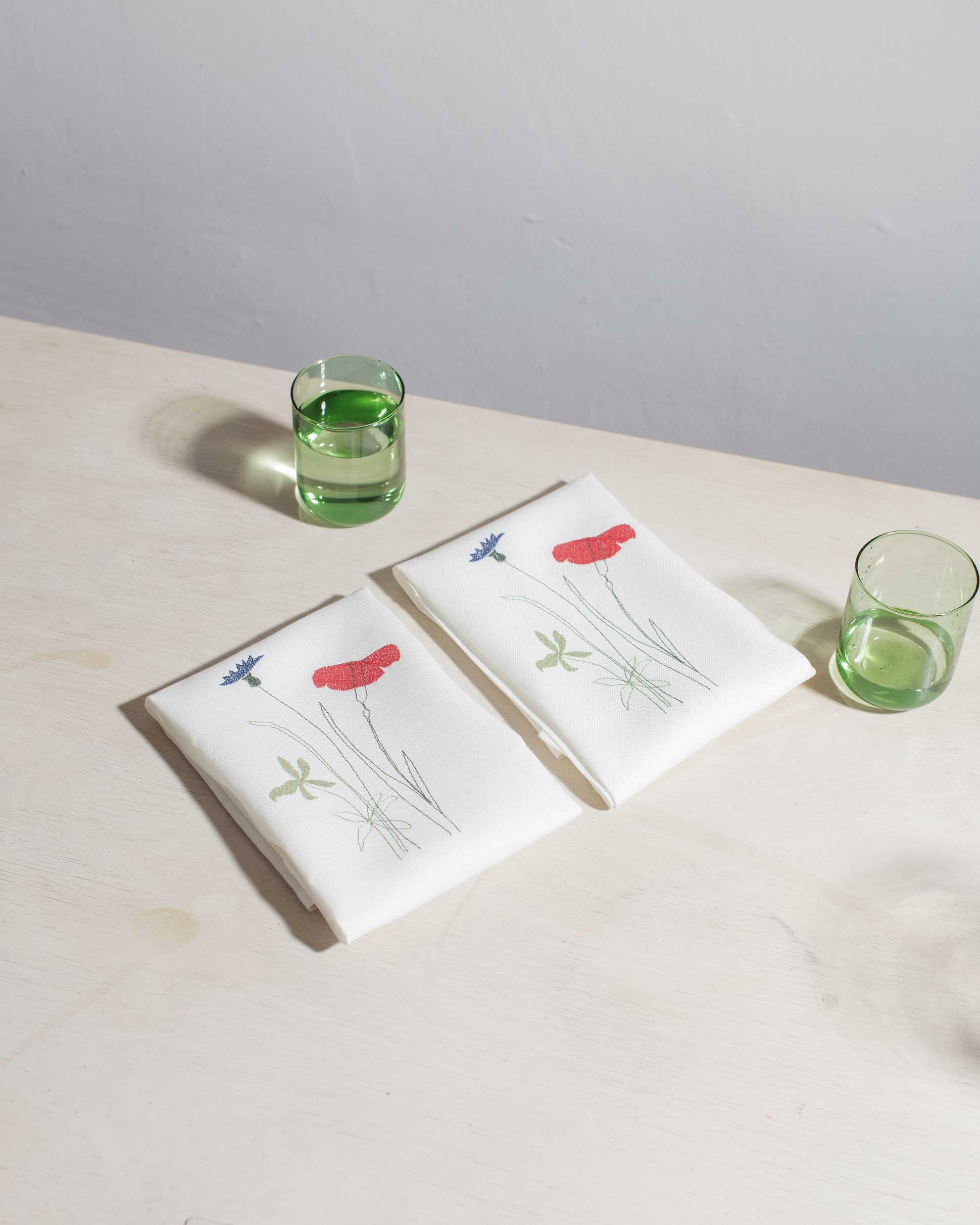 White Irish linen napkin with summer meadow embroidery 