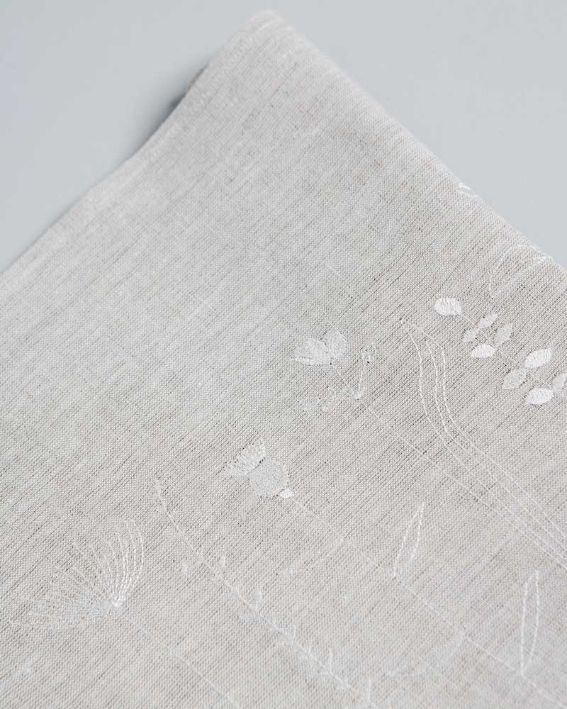 White Irish wildflower embroidery on an Irish linen tablerunner 