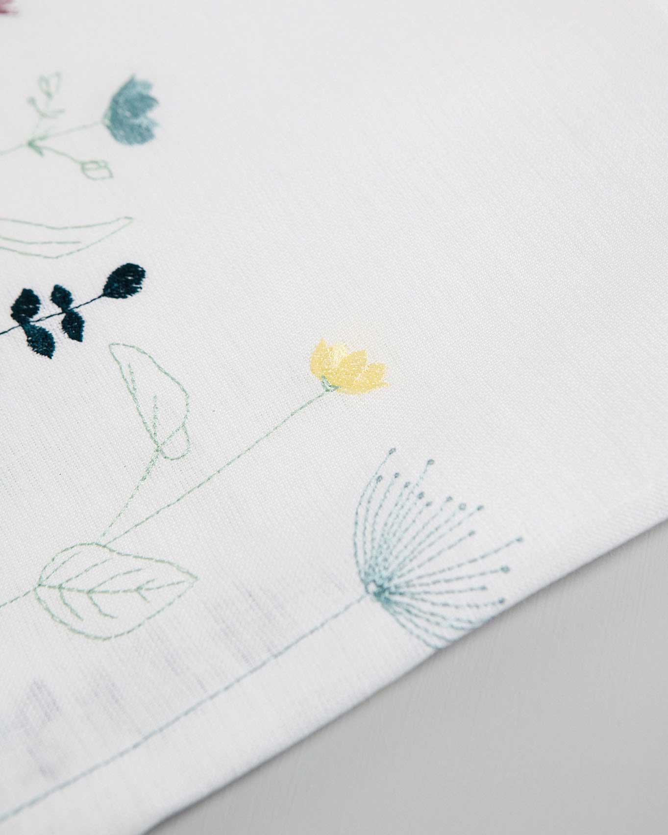 Irish wildflower embroidery in spring colours on an irish linen tablerunner 