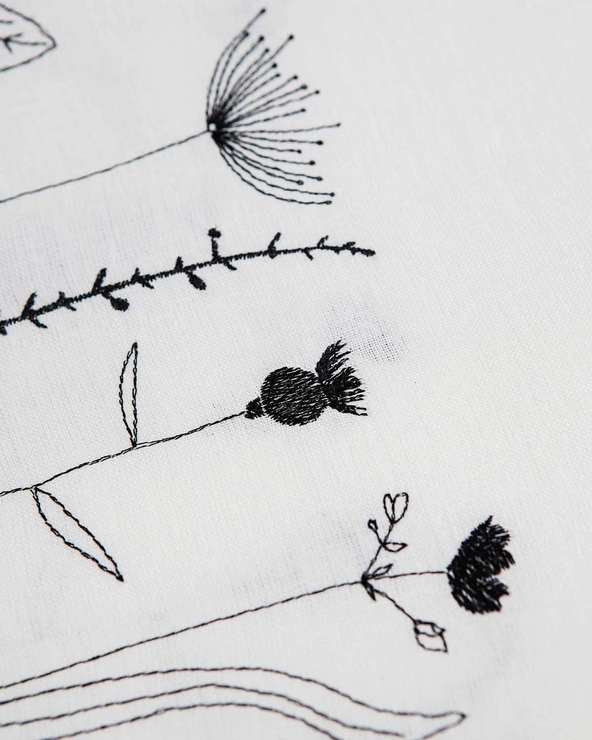 Irish linen table runner with black wildflower embroidery 