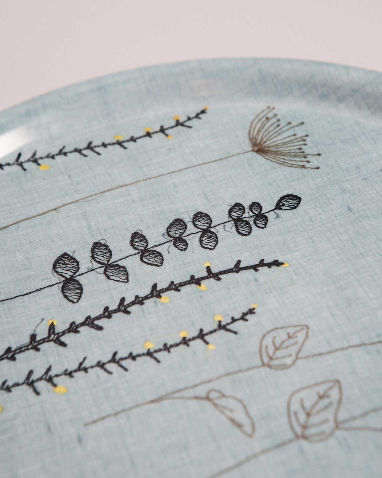 Irish wildflower embroidery on a blue Irish linen tray 